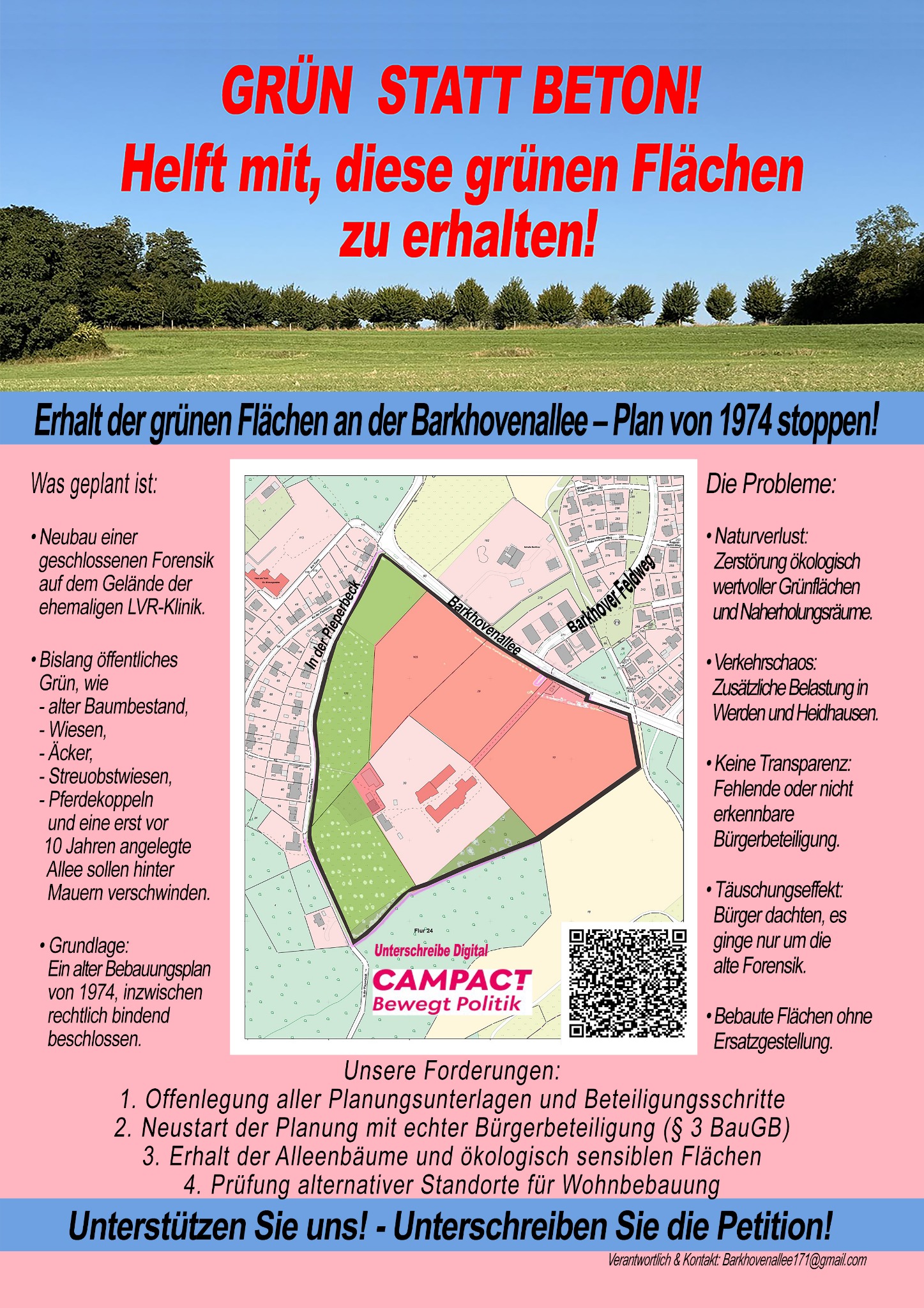 Flyer der Bürgerinitiative Barkhovenallee: Grün statt Beton – Erhalt der grünen Flächen an der Barkhovenallee